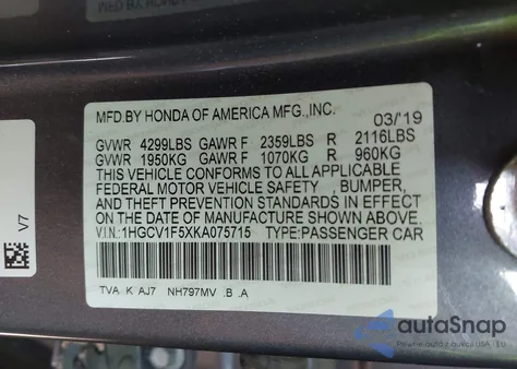 2019 Honda Accord Ex-L from USA, damaged, VIN 1HGCV1F5XKA075715